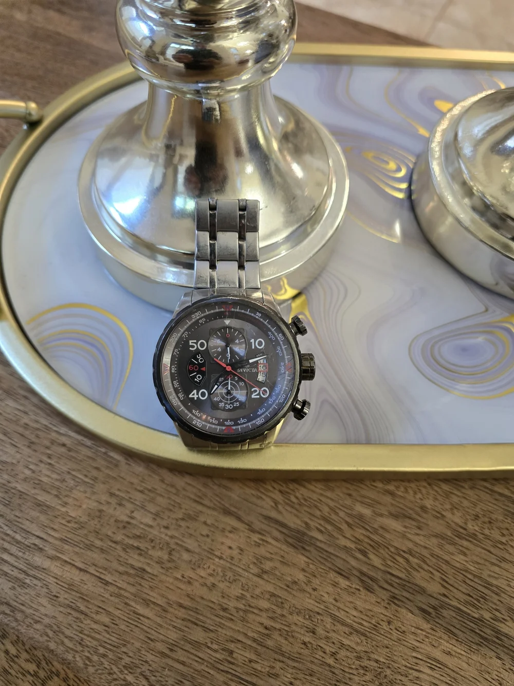 Invicta Men’s Black Chronograph Stainless Steel Watch Crown Damaged